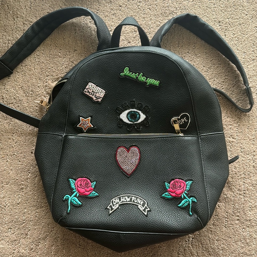 Aldo Black Faux Leather Backpack Punk Patches Embroidery Trendy Unique